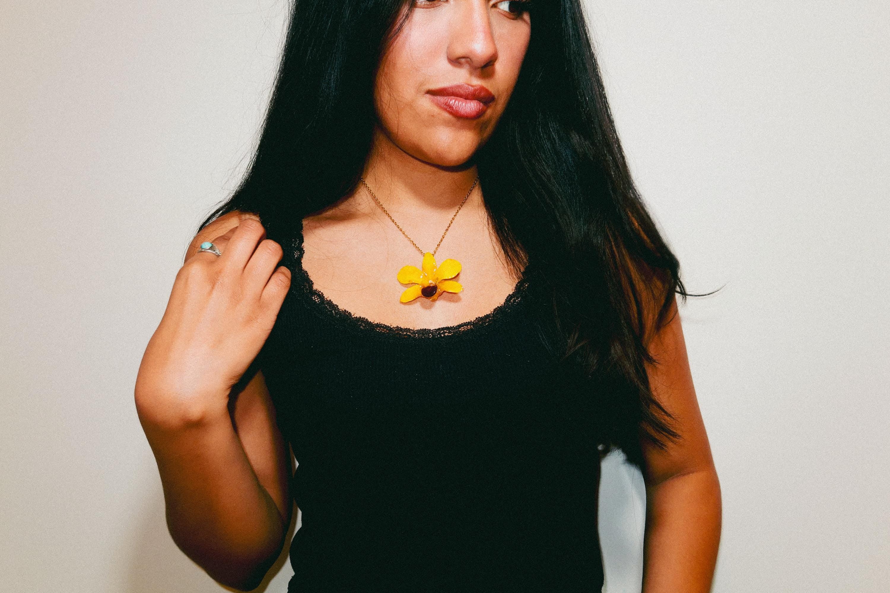 Mini Real Orchid on Gold Stainless Steel Chain — Real Orchid Preserved in Resin