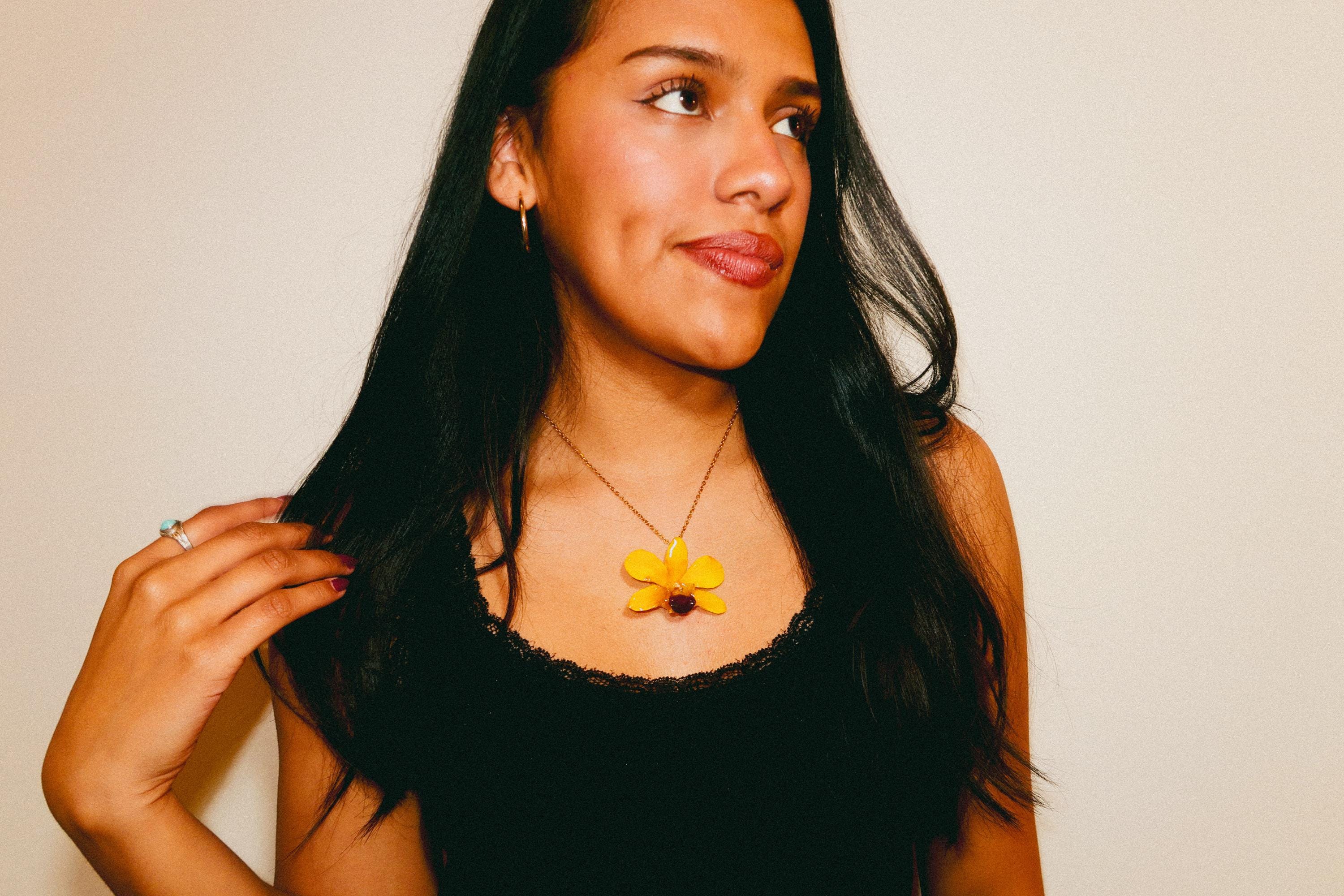 Mini Real Orchid on Gold Stainless Steel Chain — Real Orchid Preserved in Resin