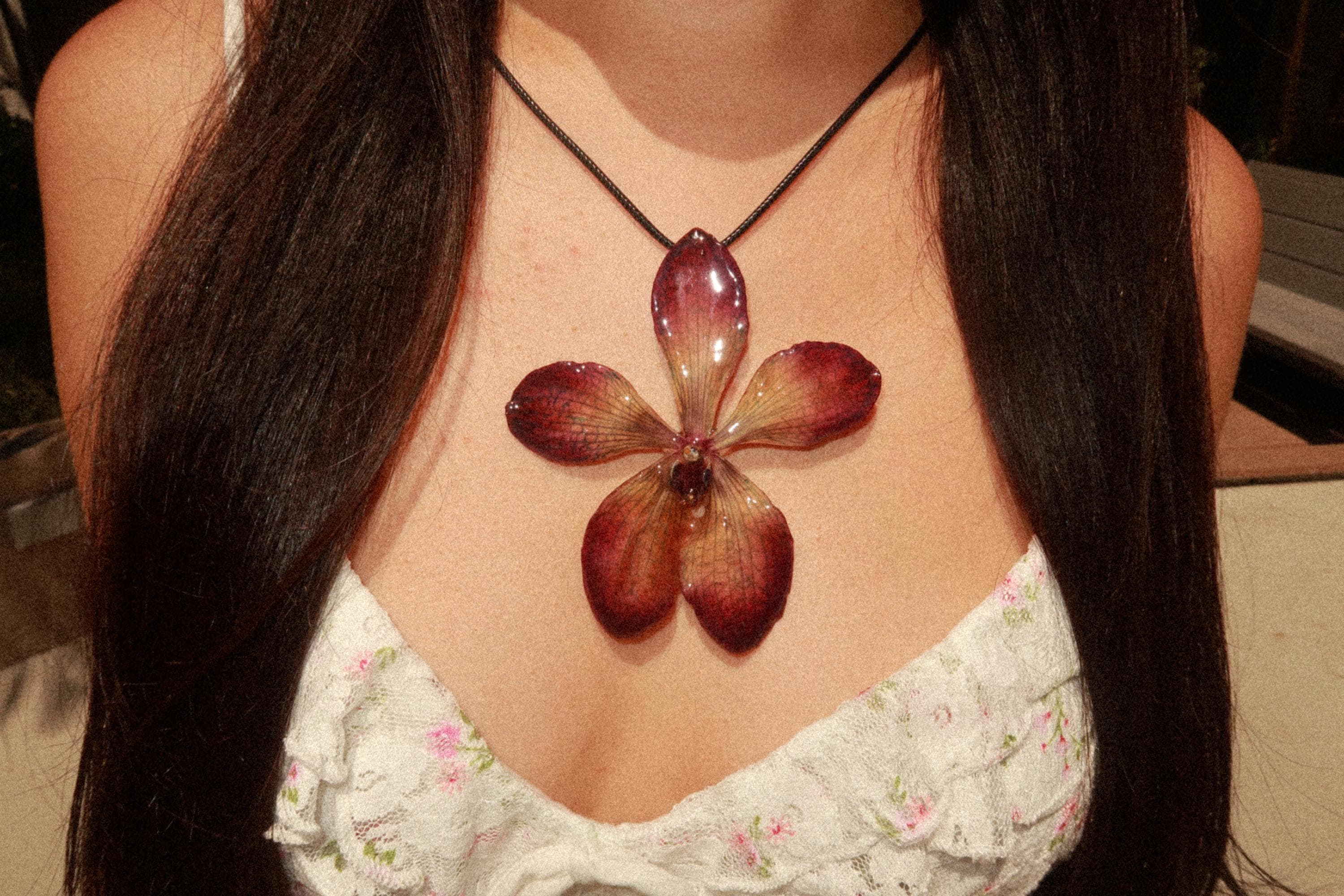 Orchid on Black Cord - Real mokara orchid Preserved in Resin