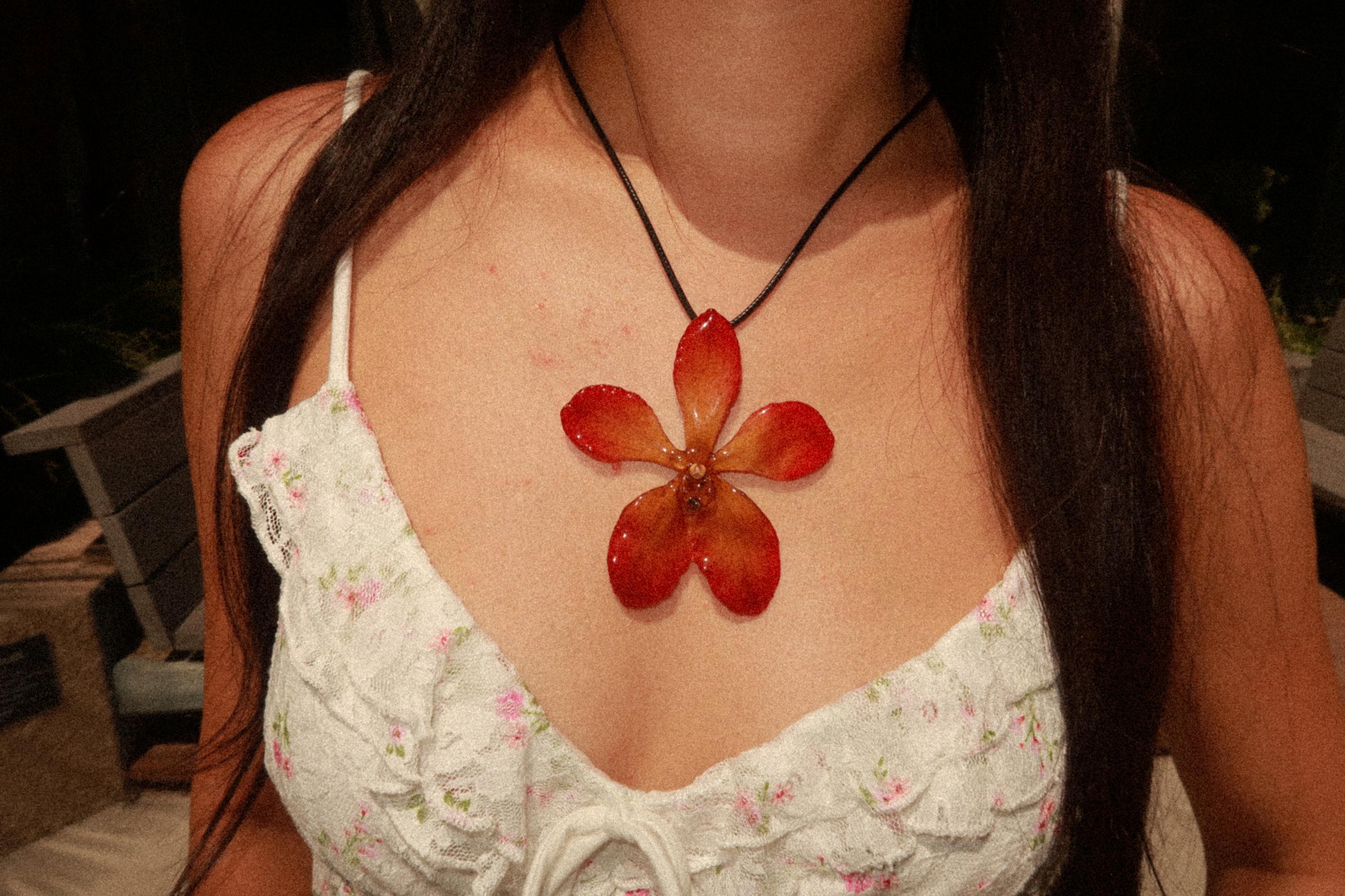 Orchid on Black Cord - Real mokara orchid Preserved in Resin