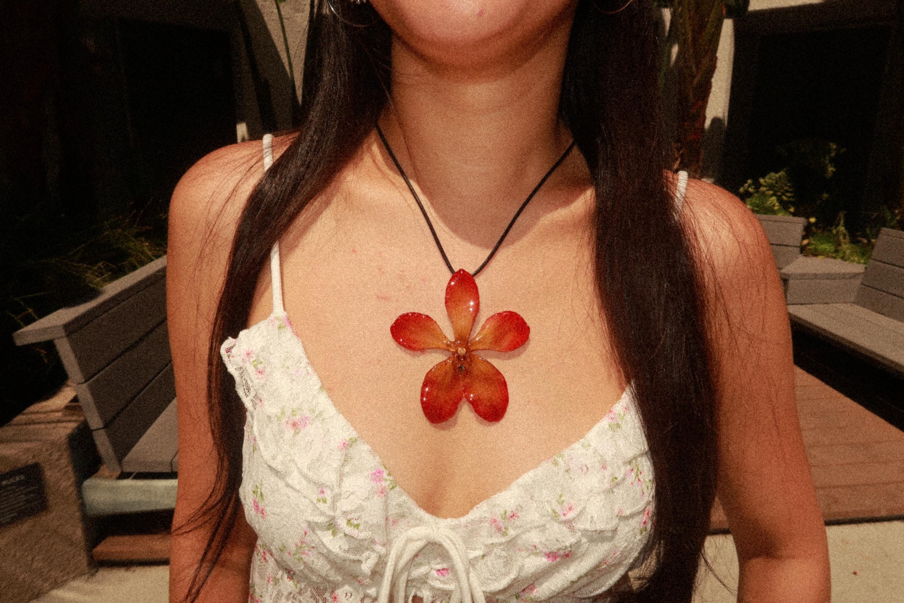 Orchid on Black Cord - Real mokara orchid Preserved in Resin