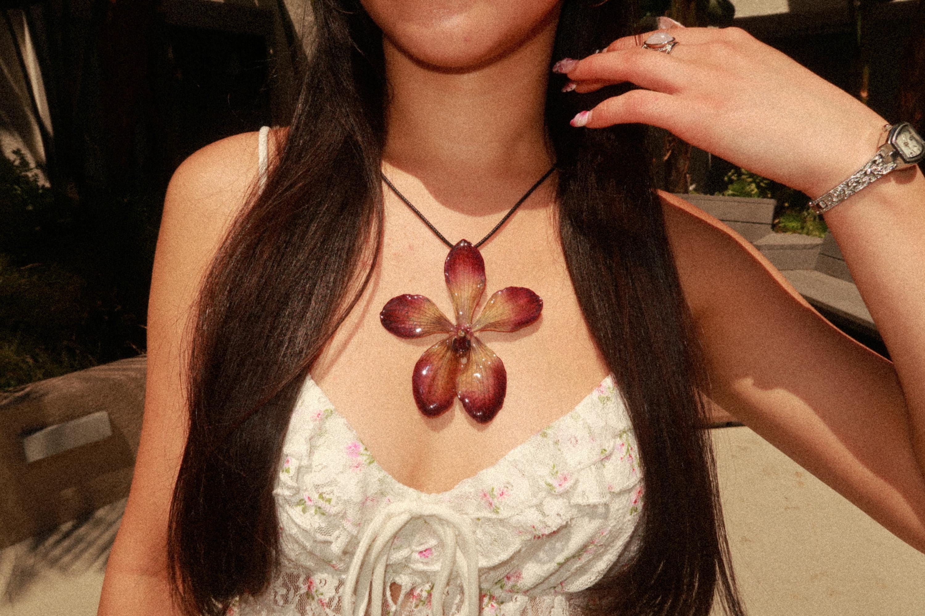 Orchid on Black Cord - Real mokara orchid Preserved in Resin